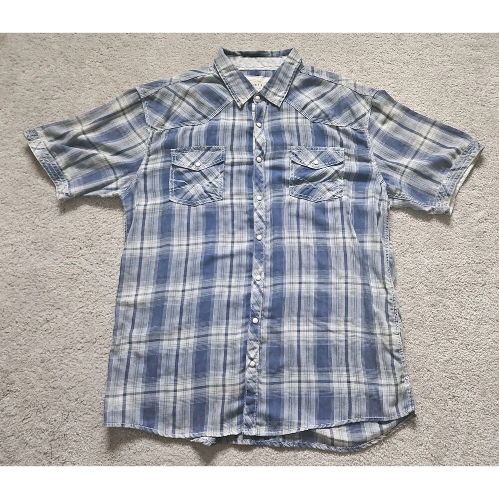BKE Vintage Men's 2XL Shirt Blue Plaid Western Pearl Snap Athletic Fit Cotton